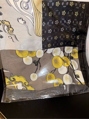 Floral Graphic Silk Scarf in Yellow, White, Black & Gray- New In Plastic